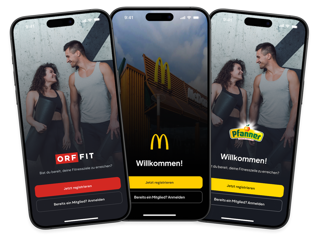 Drei Smartphones mit FIT-UP Whitelabel-Apps im Unternehmensdesign von ORF FIT, McDonald's und Pfanner