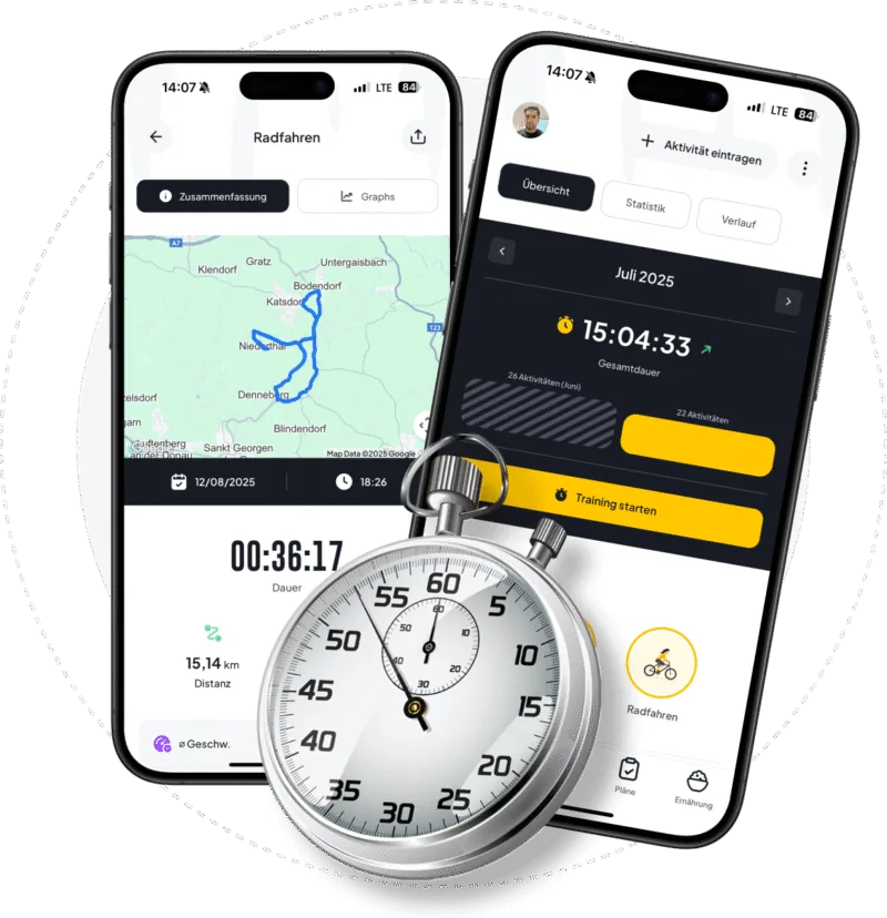 Aktivitätsauswertung in der FIT-UP App mit Schritten, Trainingseinheiten und Wochenverlauf